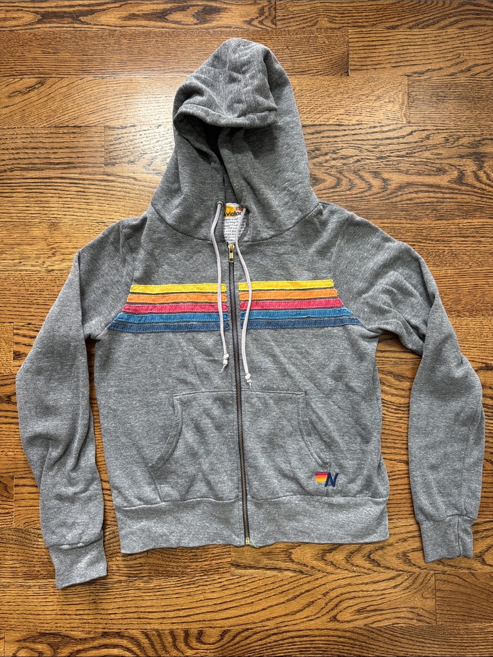 Women’s XS Aviator Nation Rainbow Stripe Heather Grey Hoodie Sweatshirt